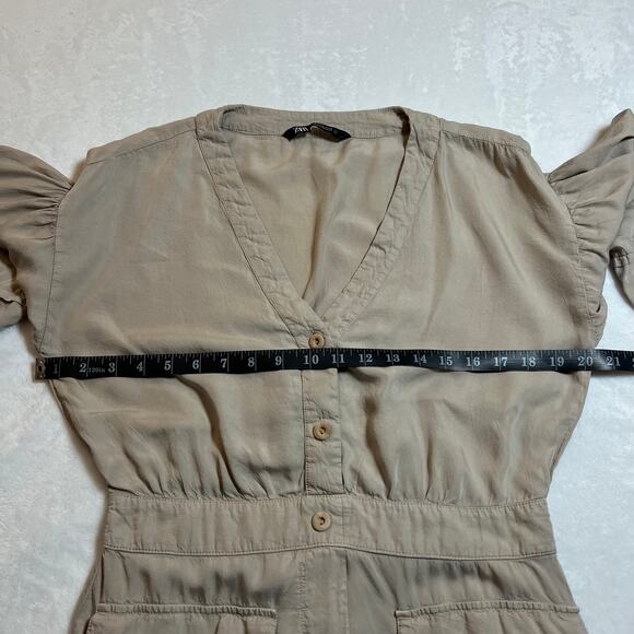 ZARA V-Neck Button Up Utility Playsuit Romper Size Medium Neutral Safari Casual - Picture 10 of 15